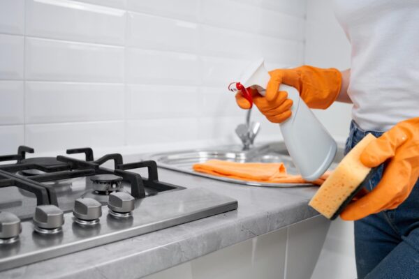 Hotte de cuisine professionnelle en cours de nettoyage pour assurer une hygiène optimale.