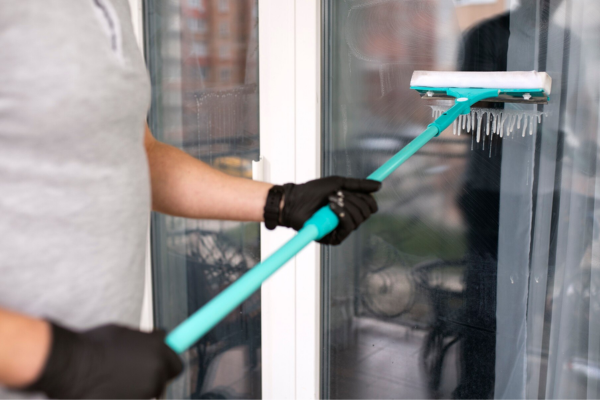 Professionnel nettoyant les vitres d’un bâtiment à Paris, garantissant des surfaces impeccables