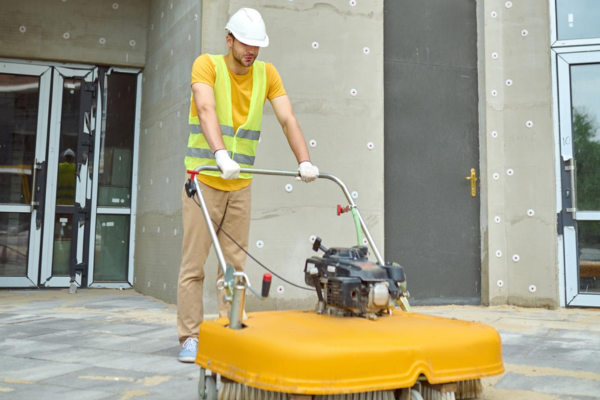 Technicien PN Line réalisant un nettoyage professionnel après travaux dans un chantier à Paris, éliminant poussières, débris et résidus.